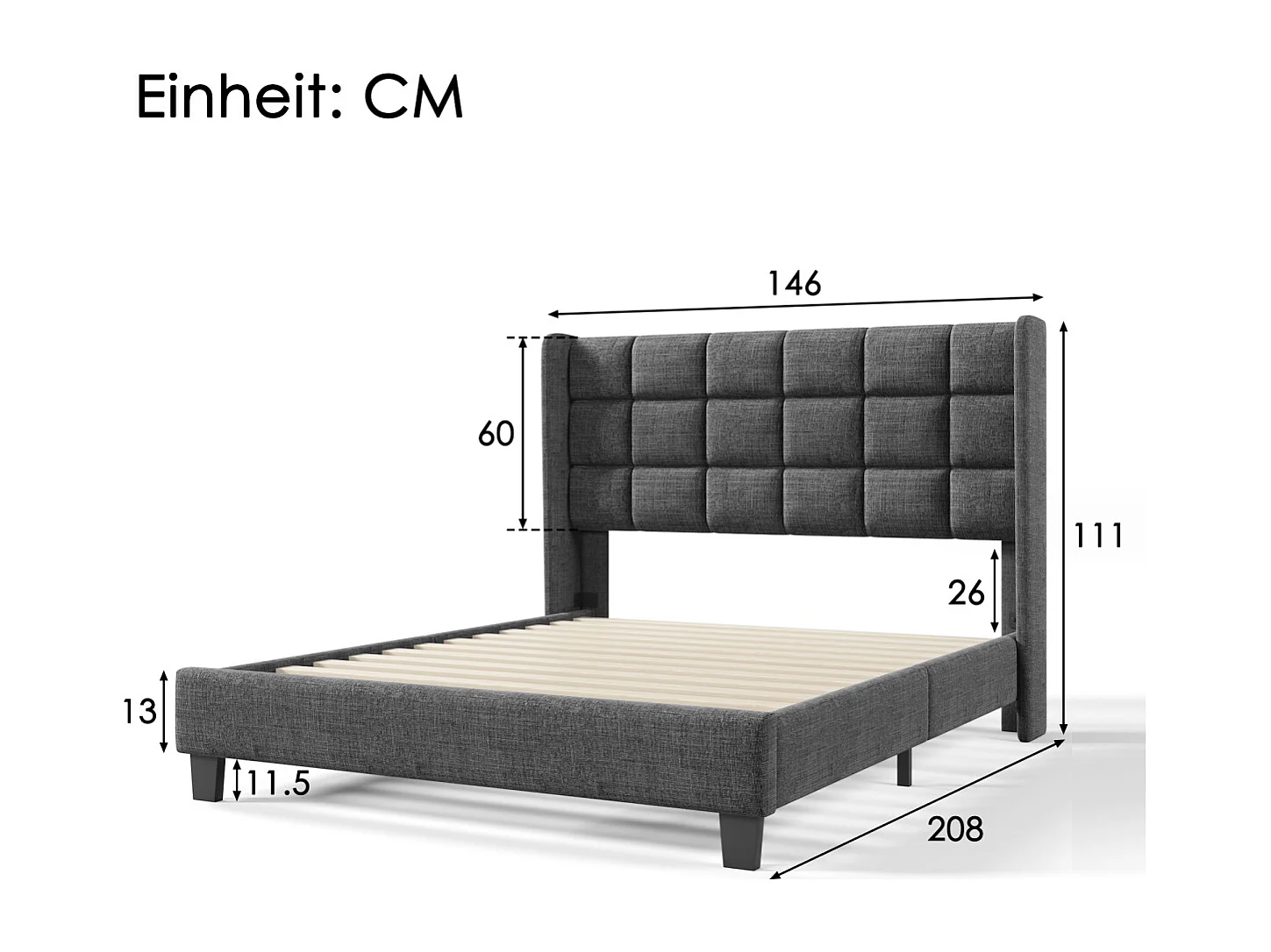 Grijs linnen gestoffeerd tweepersoonsbedframe (140x200cm) - middelharde lattenbodem (zonder matras)