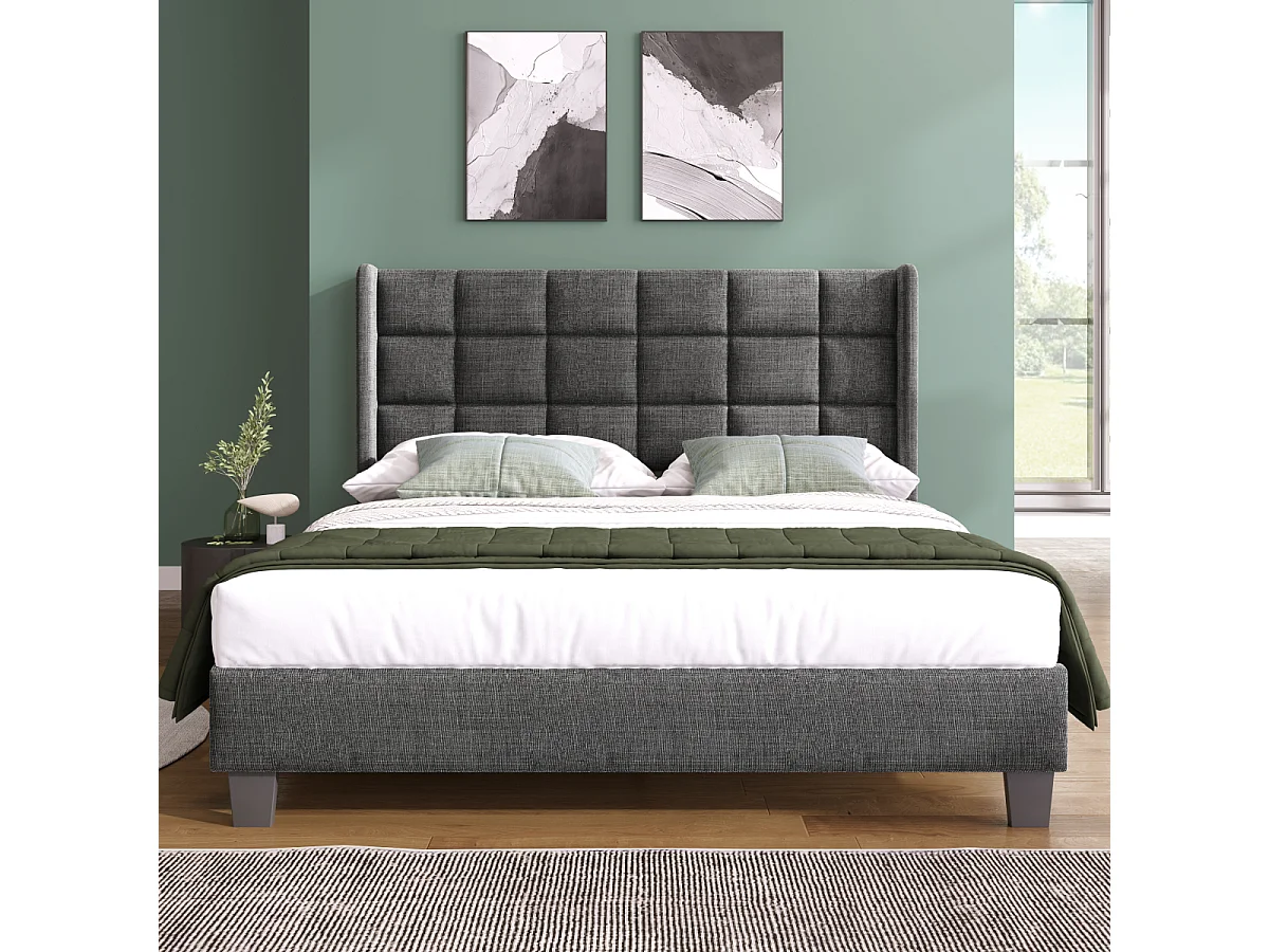 Grijs linnen gestoffeerd tweepersoonsbedframe (140x200cm) - middelharde lattenbodem (zonder matras)