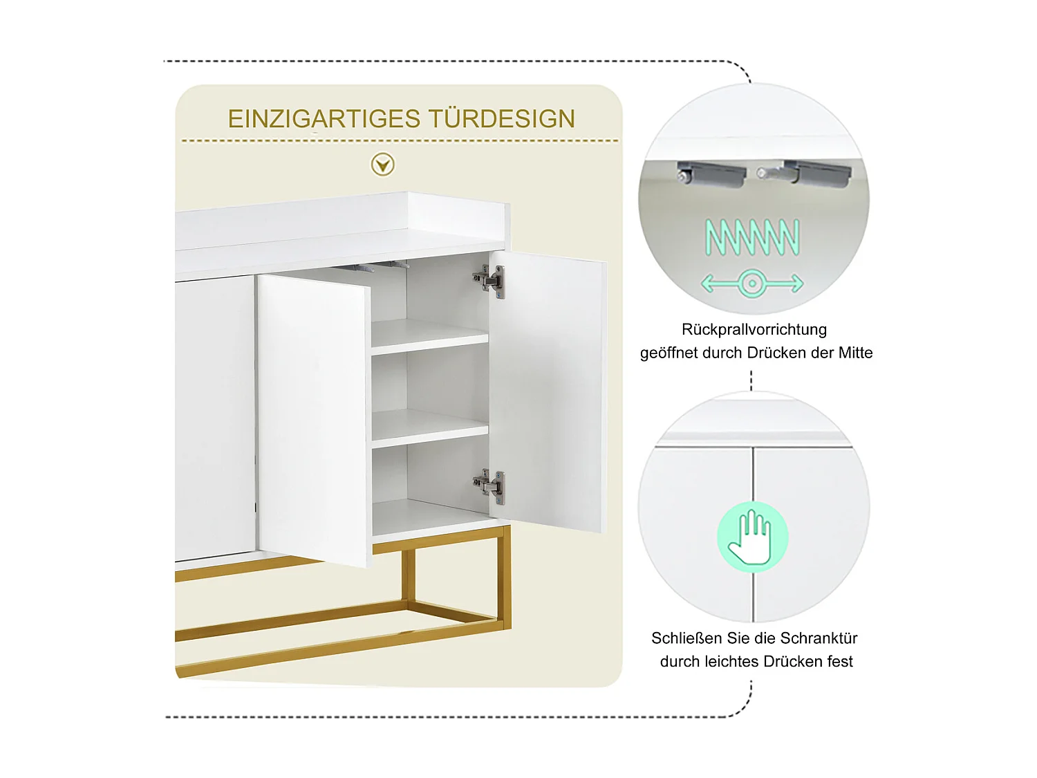 Mobile buffet moderno e minimalista a 4 ante senza maniglie (bianco)