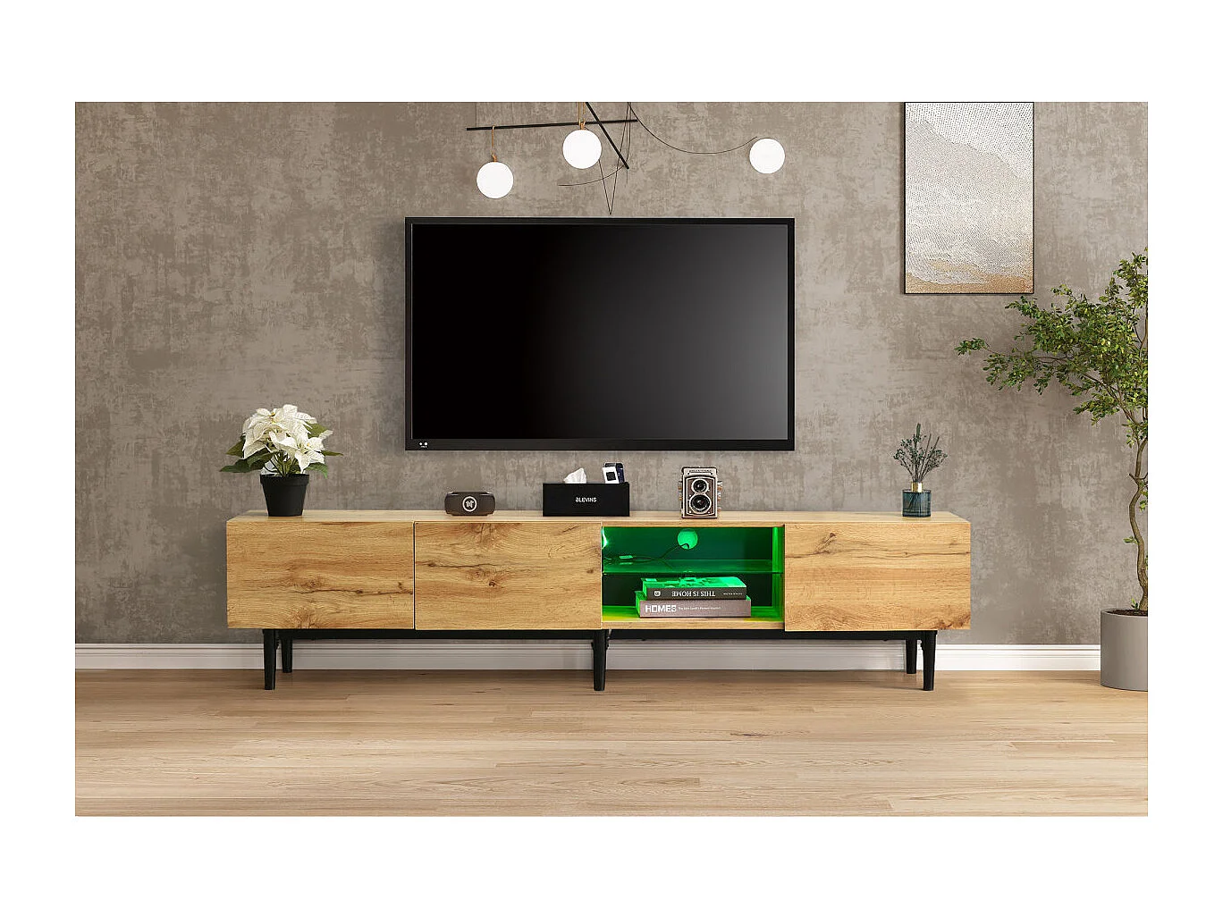 Mueble de TV moderno con veta de madera y luces LED intercambiables, 175 (largo) x 31 (ancho) x 41 (alto) cm
