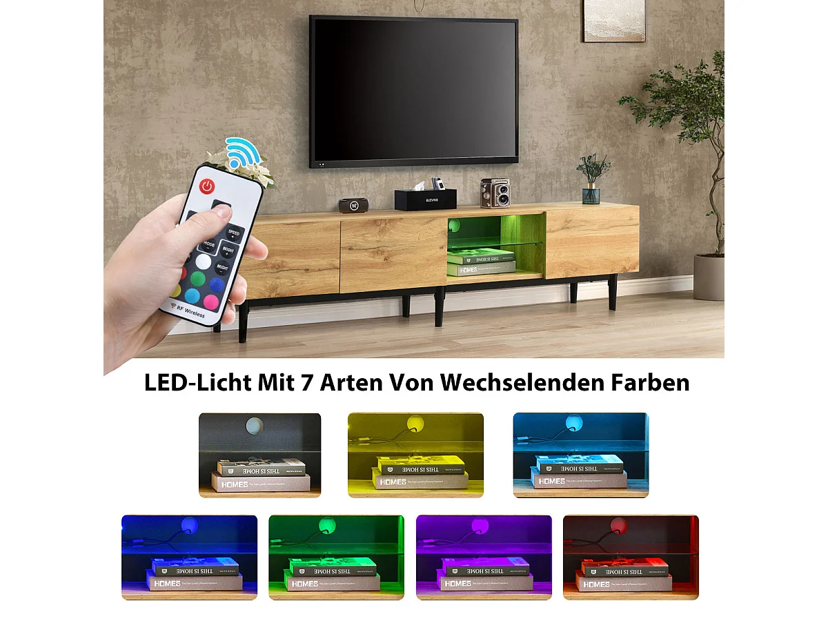 Mueble de TV moderno con veta de madera y luces LED intercambiables, 175 (largo) x 31 (ancho) x 41 (alto) cm