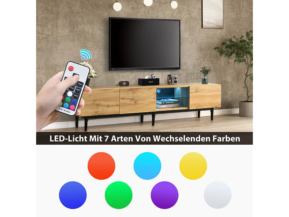 Mueble de TV moderno con veta de madera y luces LED intercambiables, 175 (largo) x 31 (ancho) x 41 (alto) cm