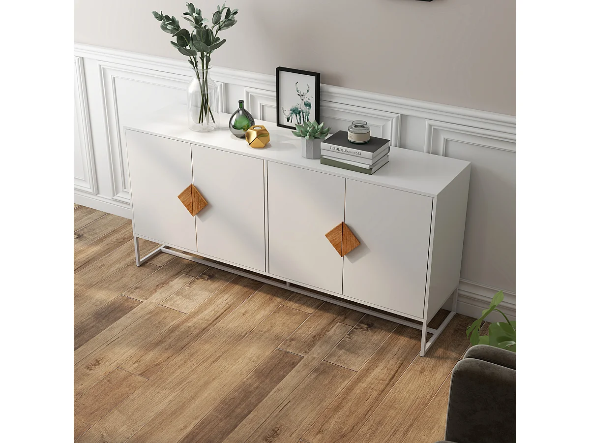 Aparador de diseño de madera maciza con forma especial, tirador cuadrado, 4 puertas y doble espacio de almacenamiento.