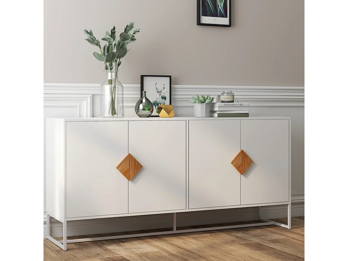 Aparador de diseño de madera maciza con forma especial, tirador cuadrado, 4 puertas y doble espacio de almacenamiento.