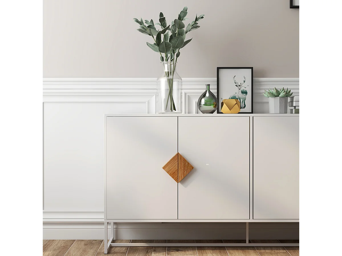 Aparador de diseño de madera maciza con forma especial, tirador cuadrado, 4 puertas y doble espacio de almacenamiento.