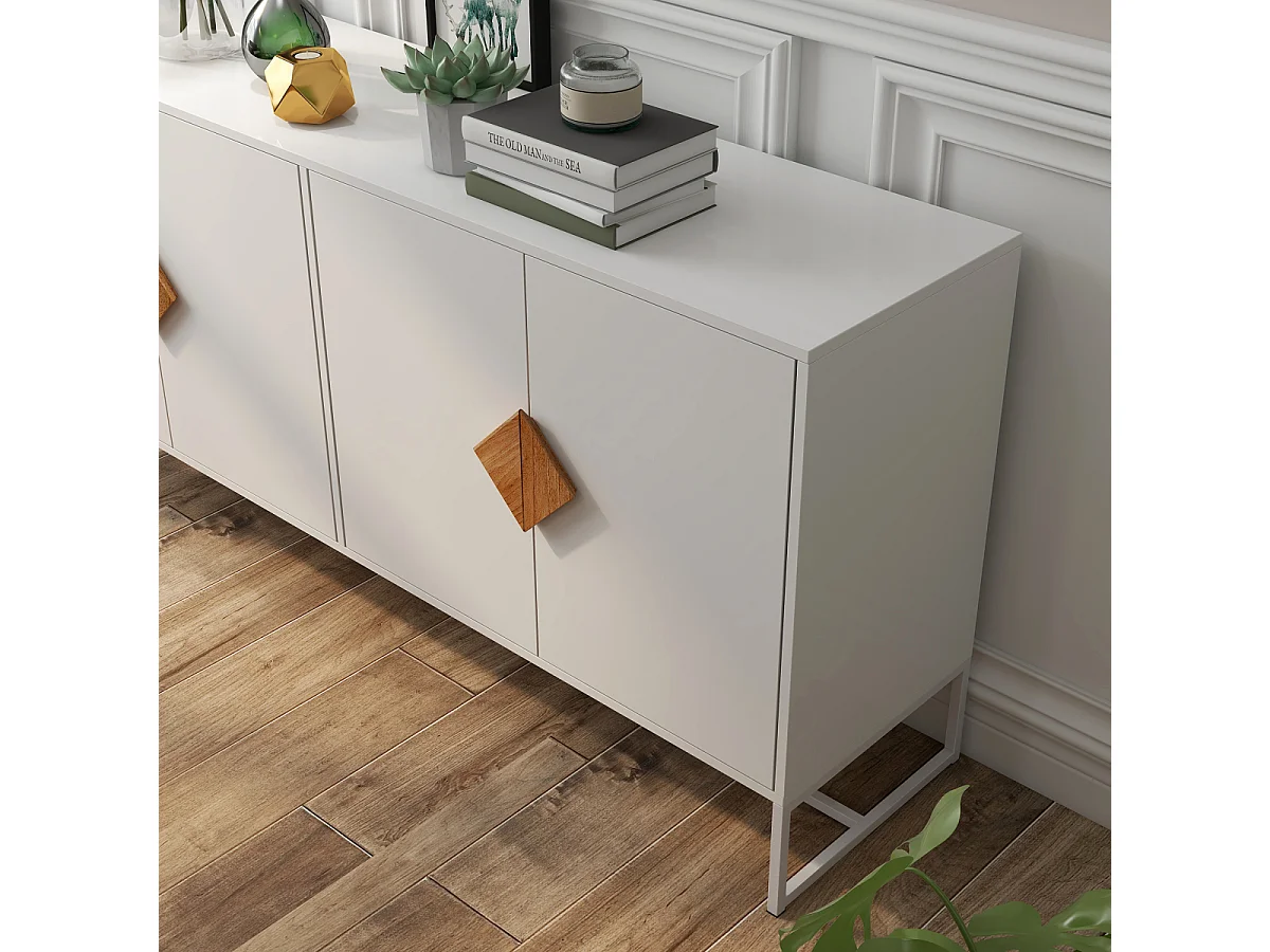 Aparador de diseño de madera maciza con forma especial, tirador cuadrado, 4 puertas y doble espacio de almacenamiento.