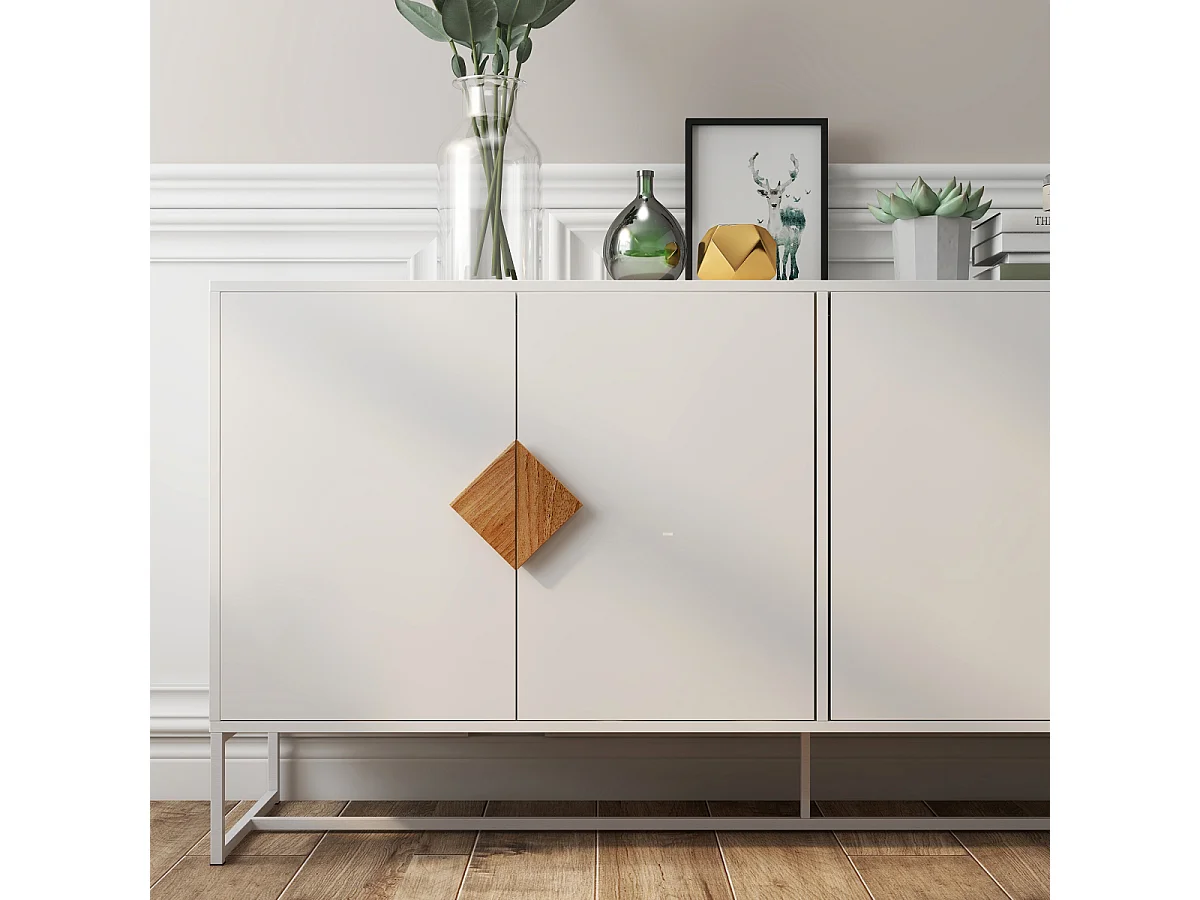 Aparador de diseño de madera maciza con forma especial, tirador cuadrado, 4 puertas y doble espacio de almacenamiento.