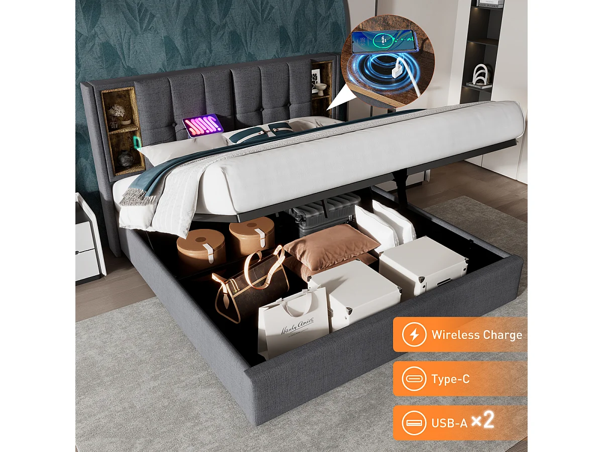 Cama doble con USB C y carga inalámbrica, 180 x 200 cm, gris madera