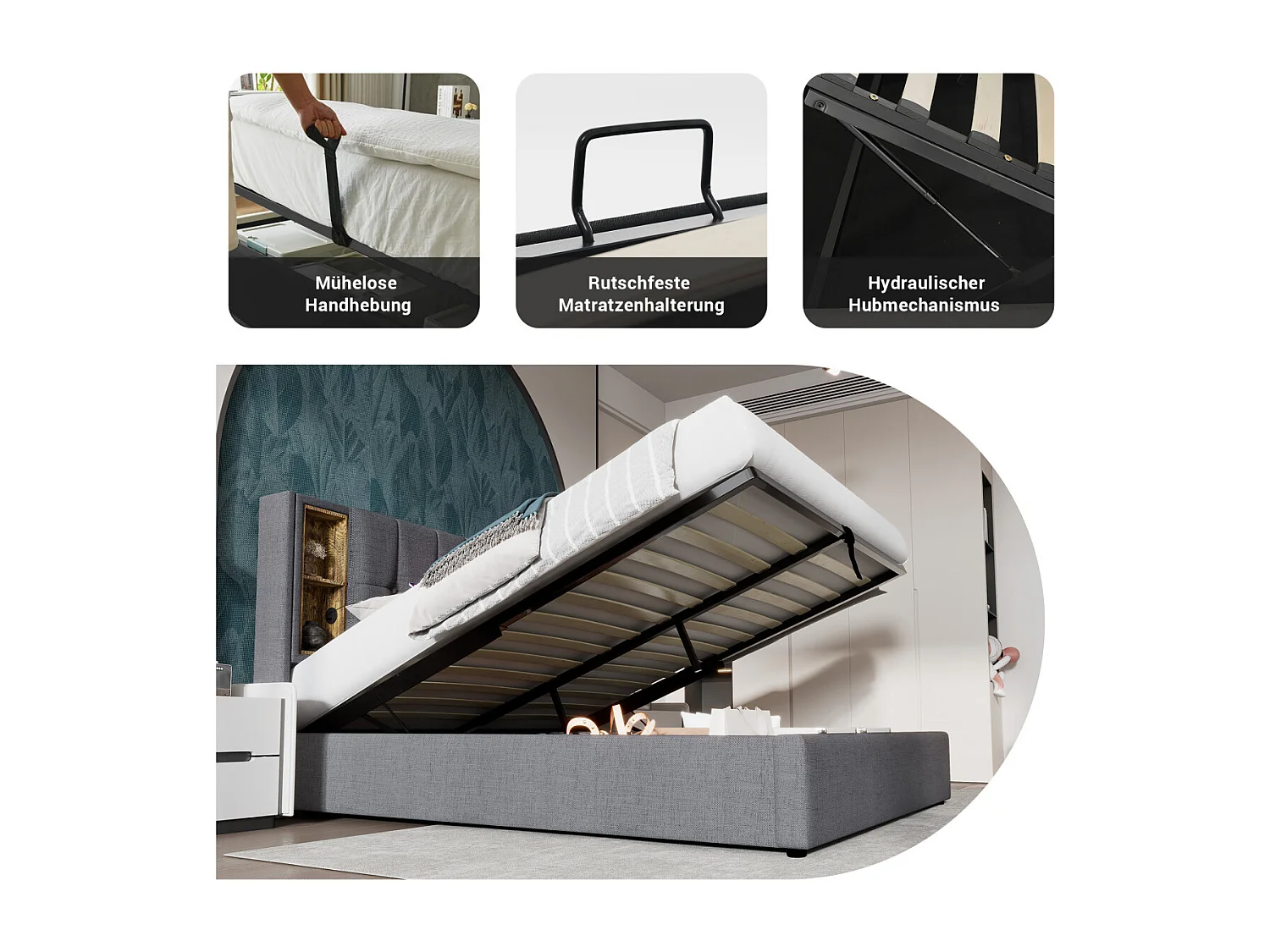 Cama doble con USB C y carga inalámbrica, 180 x 200 cm, gris madera