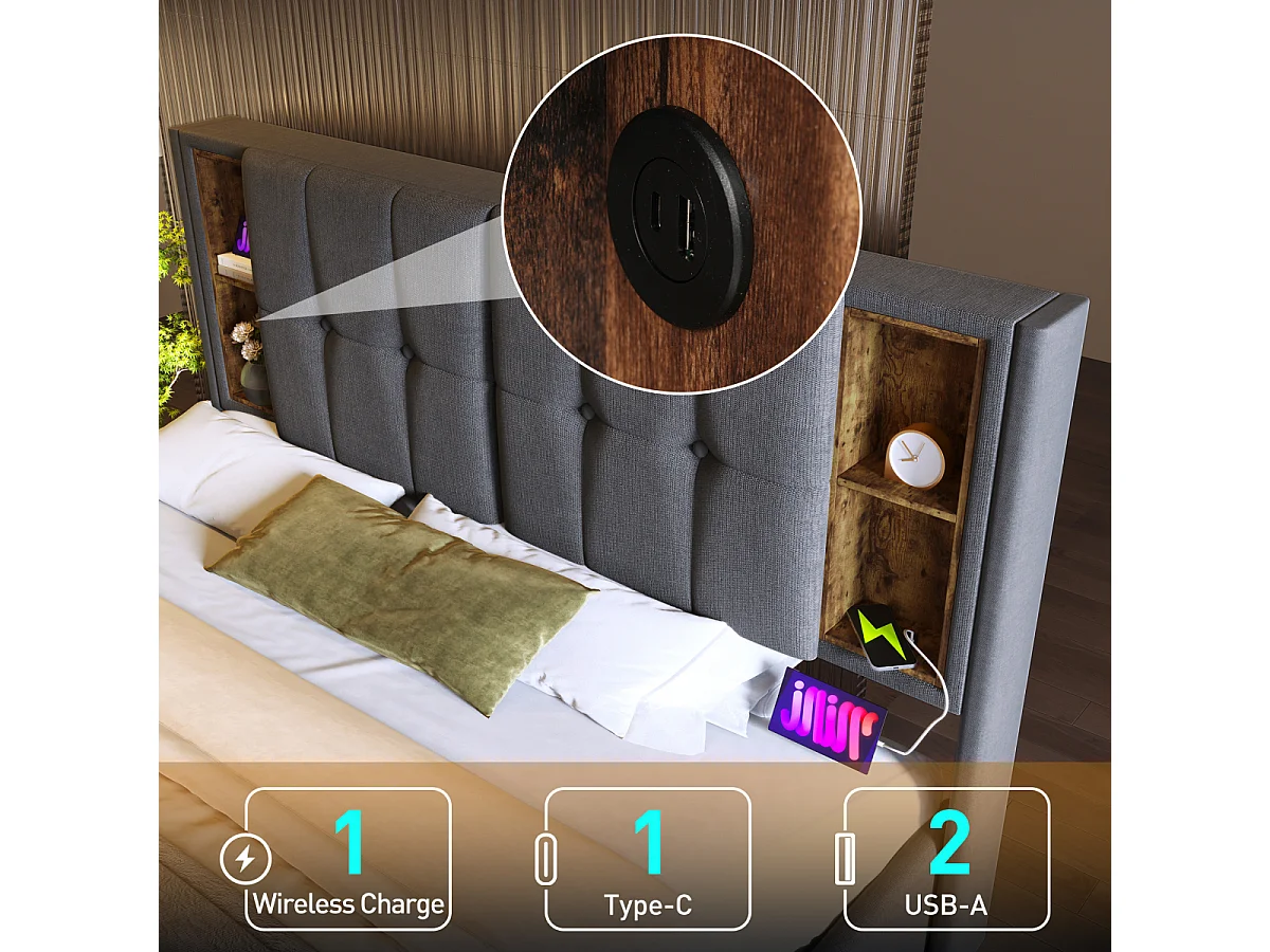 Cama doble con USB C y carga inalámbrica, 180 x 200 cm, gris madera