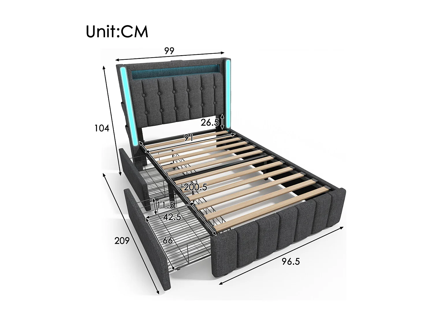 Gestoffeerd bed met USB, LED, 2 lades, 90x200cm, grijs (met matras)