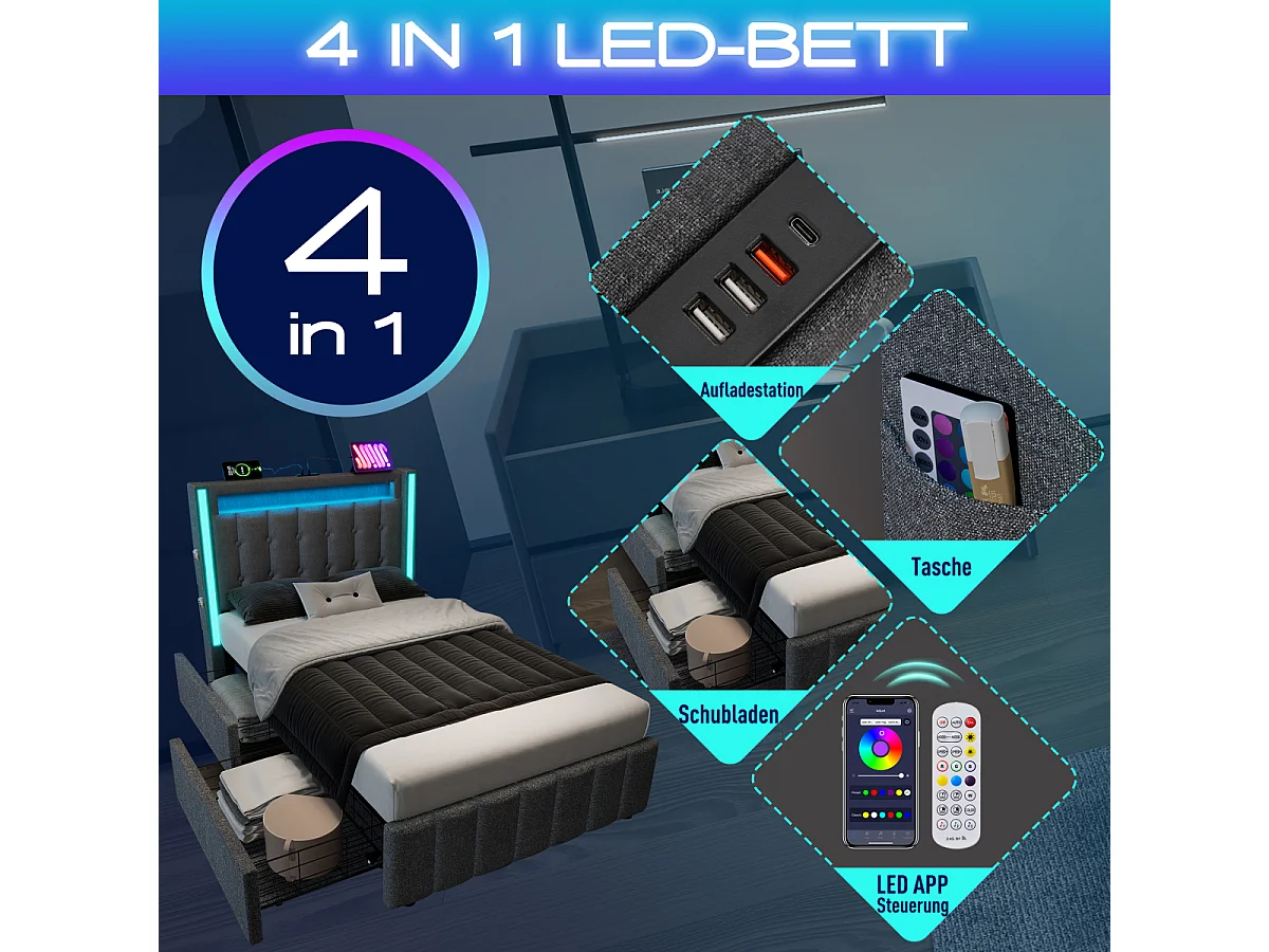 Gestoffeerd bed met USB, LED, 2 lades, 90x200cm, grijs (met matras)