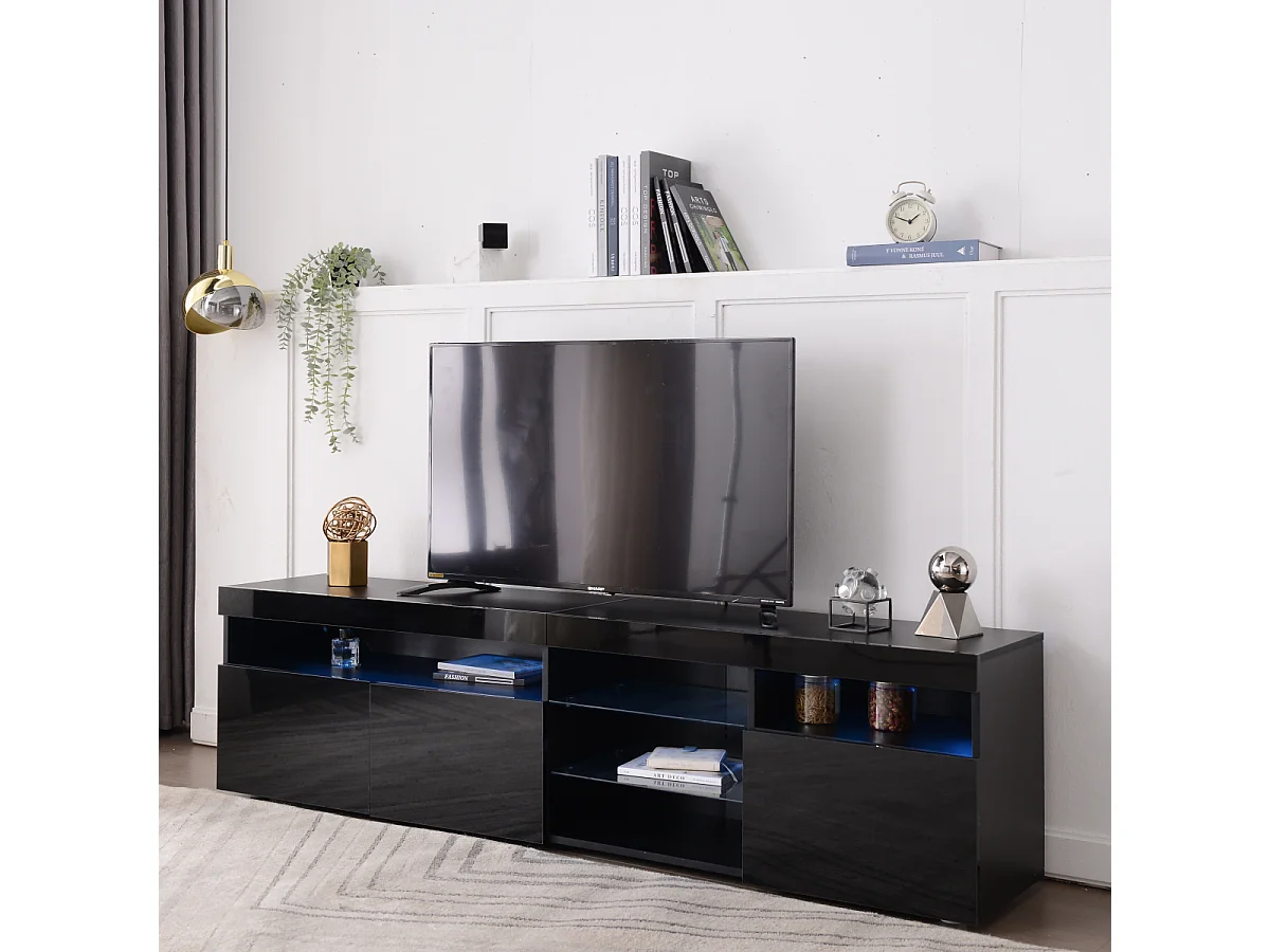 Meuble TV moderne Schwarz avec panneau lumineux et éclairage LED variable, idéal pour salon ou salle à manger, 180 cm.