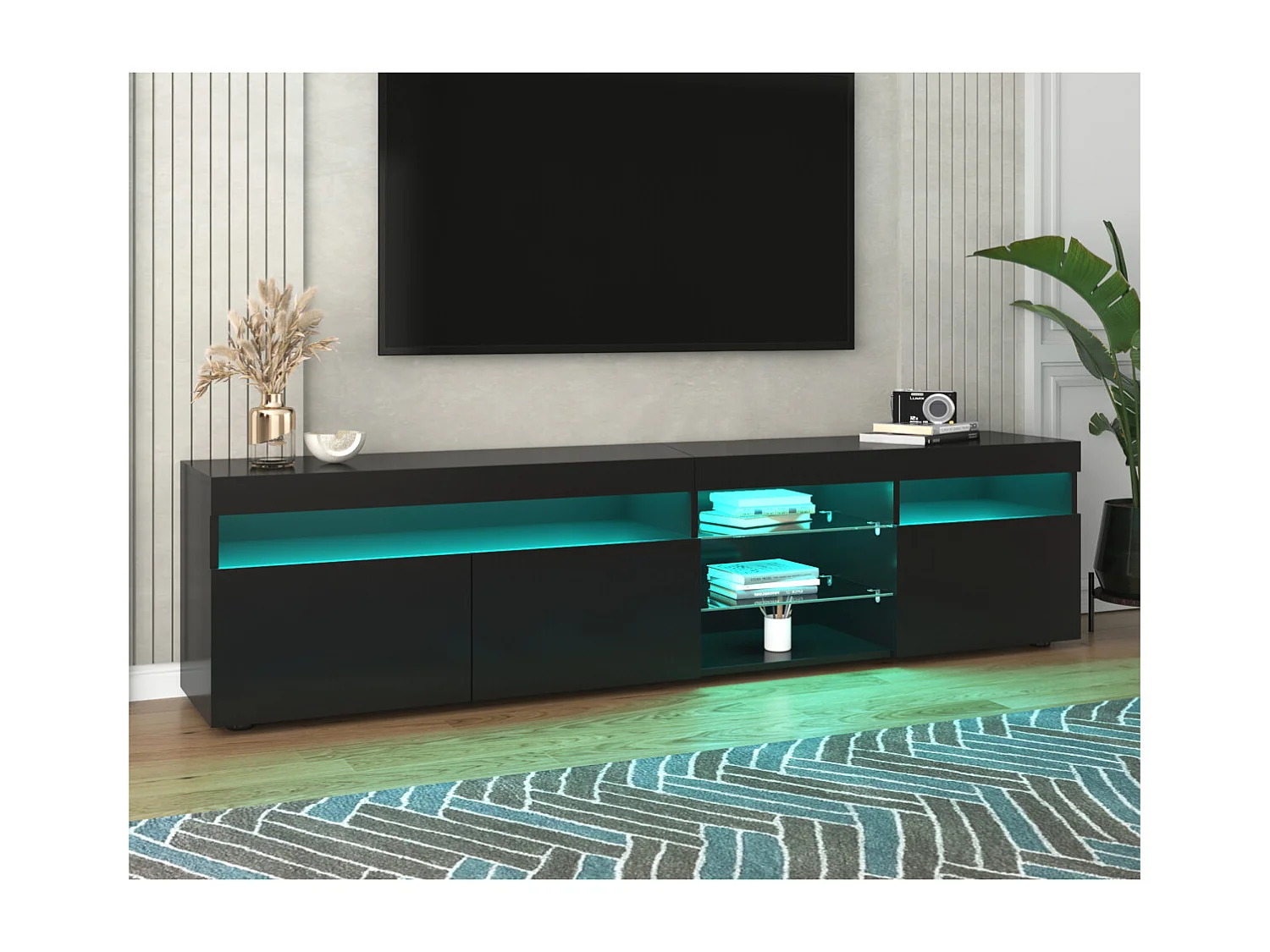 Meuble TV moderne Schwarz avec panneau lumineux et éclairage LED variable, idéal pour salon ou salle à manger, 180 cm.