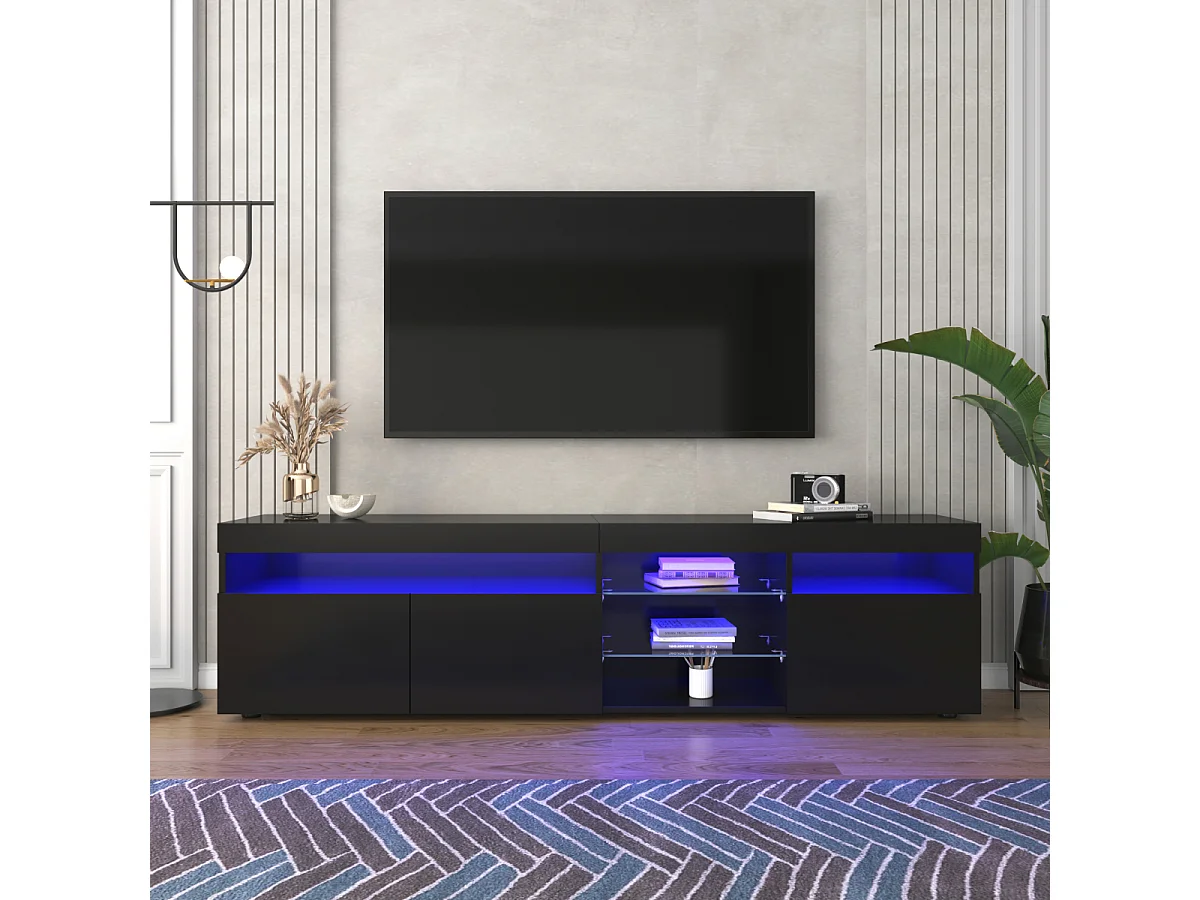Meuble TV moderne Schwarz avec panneau lumineux et éclairage LED variable, idéal pour salon ou salle à manger, 180 cm.
