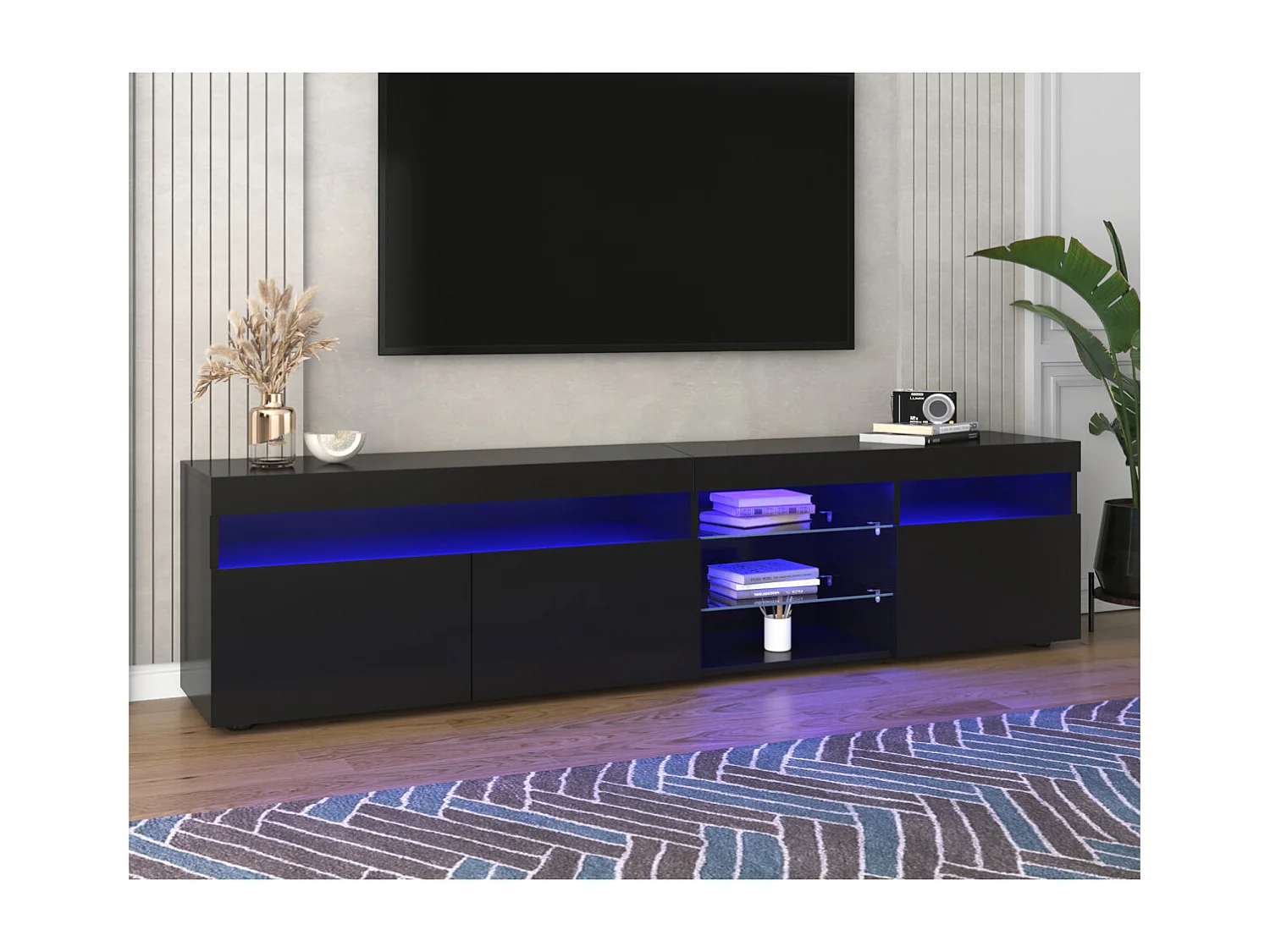Meuble TV moderne Schwarz avec panneau lumineux et éclairage LED variable, idéal pour salon ou salle à manger, 180 cm.