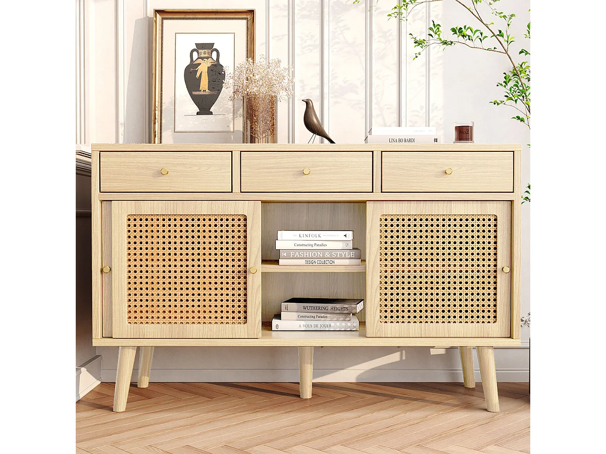 Credenza in rovere con 3 cassetti e 3 ante scorrevoli, rete in rattan, gambe in legno massello, maniglia dorata, 120x40x78 cm
