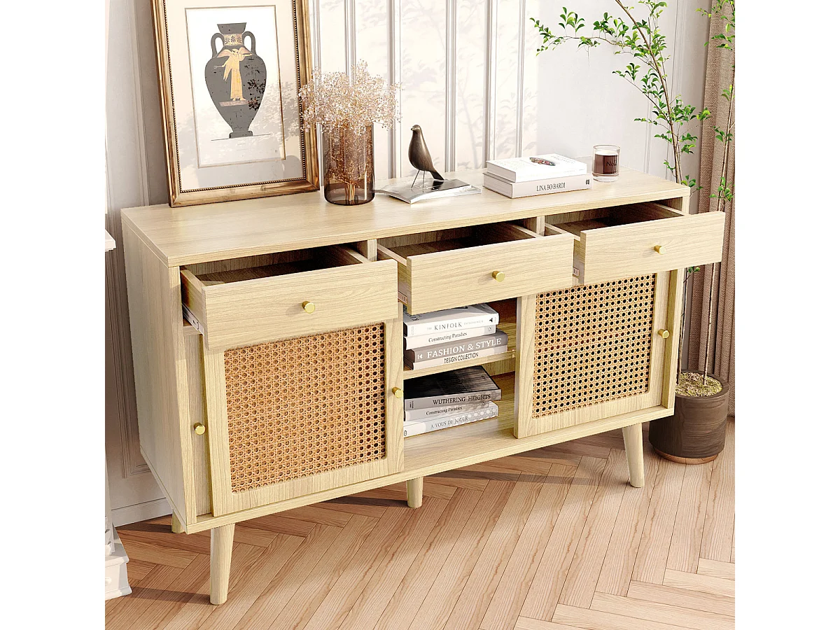 Credenza in rovere con 3 cassetti e 3 ante scorrevoli, rete in rattan, gambe in legno massello, maniglia dorata, 120x40x78 cm