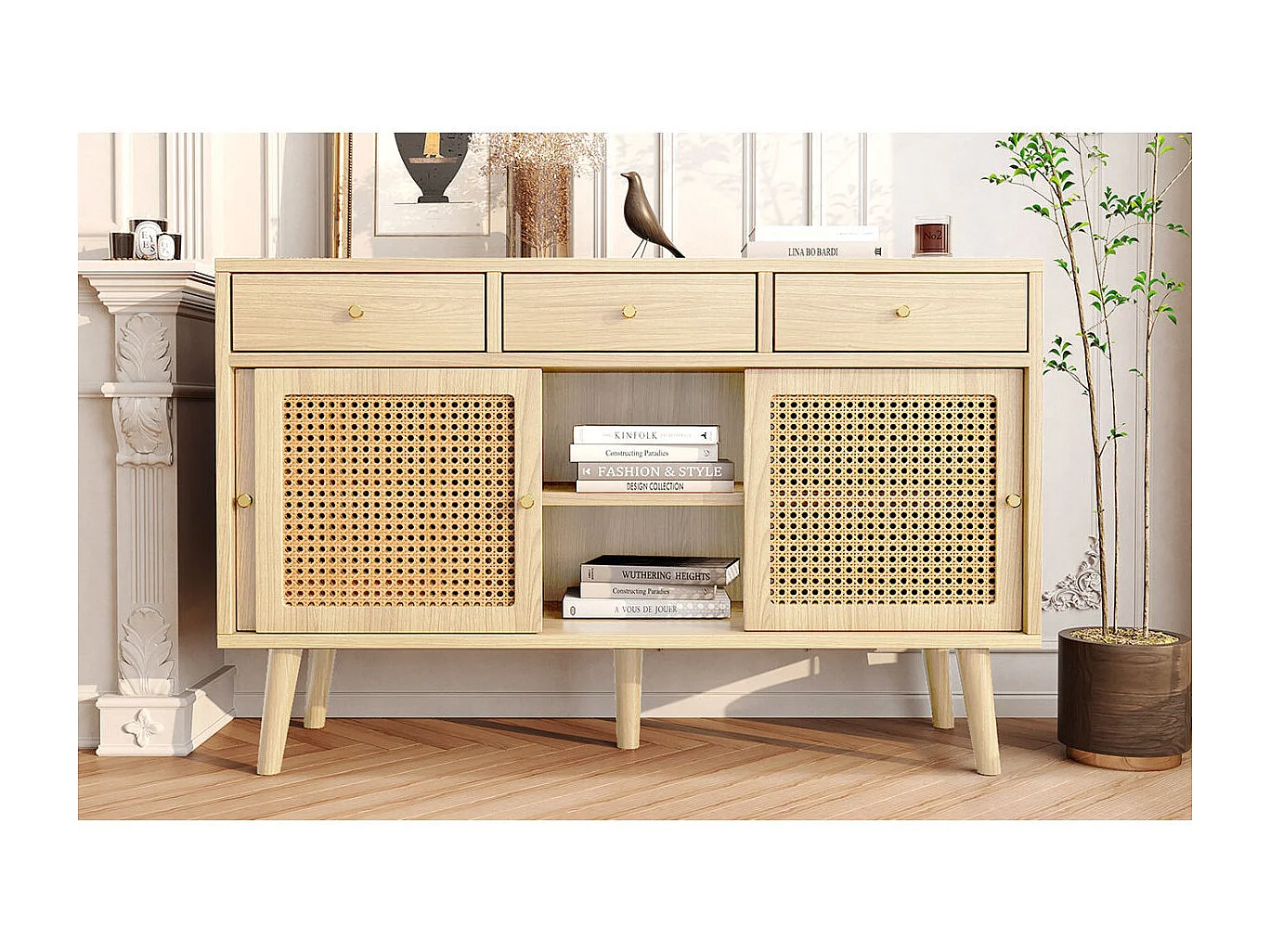 Credenza in rovere con 3 cassetti e 3 ante scorrevoli, rete in rattan, gambe in legno massello, maniglia dorata, 120x40x78 cm