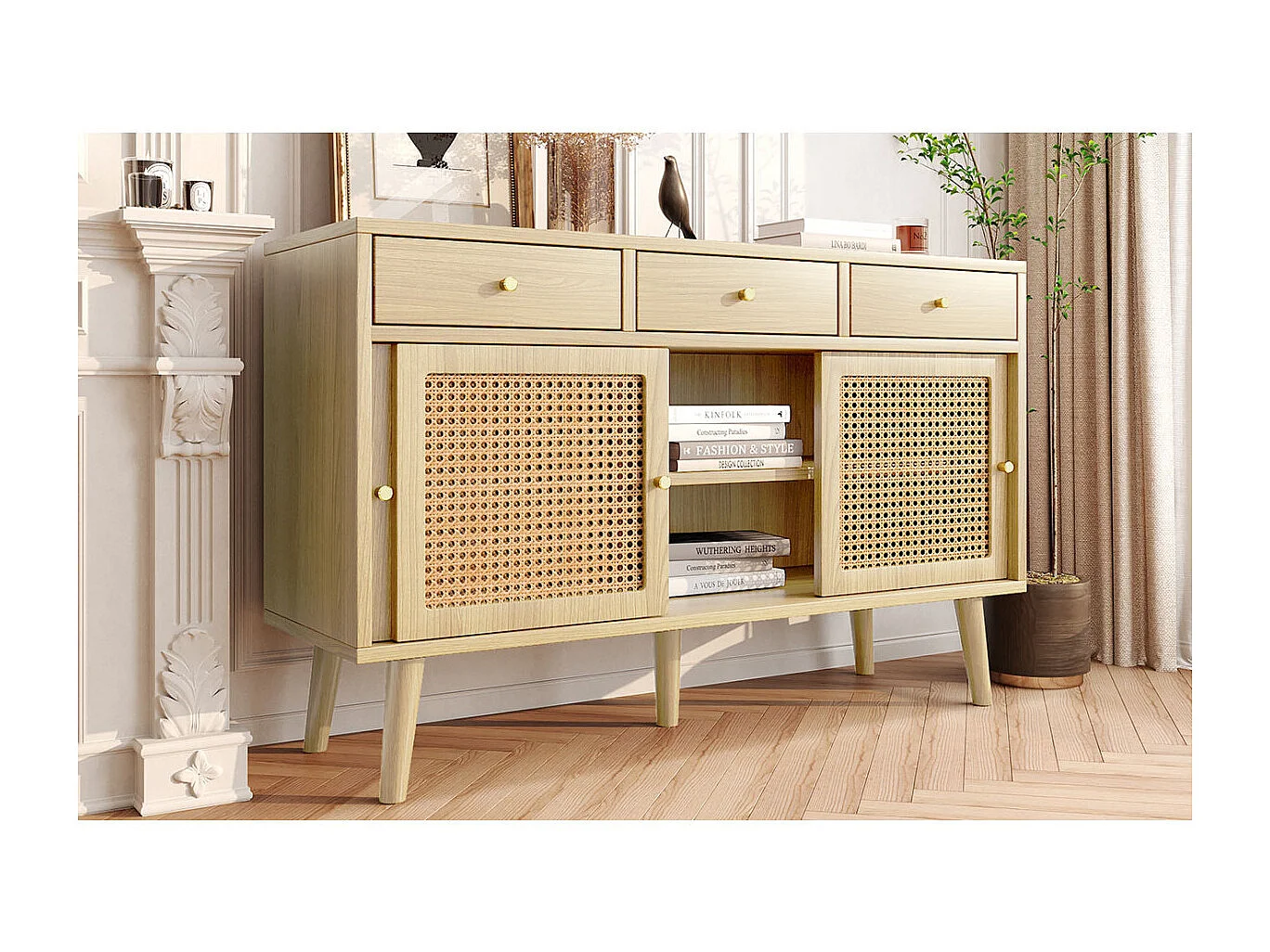Credenza in rovere con 3 cassetti e 3 ante scorrevoli, rete in rattan, gambe in legno massello, maniglia dorata, 120x40x78 cm
