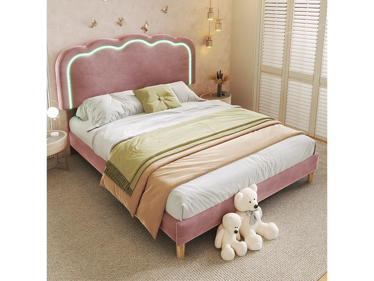 Gestoffeerd bed 140x200cm roze fluweel met LED en verstelbaar hoofdeinde.