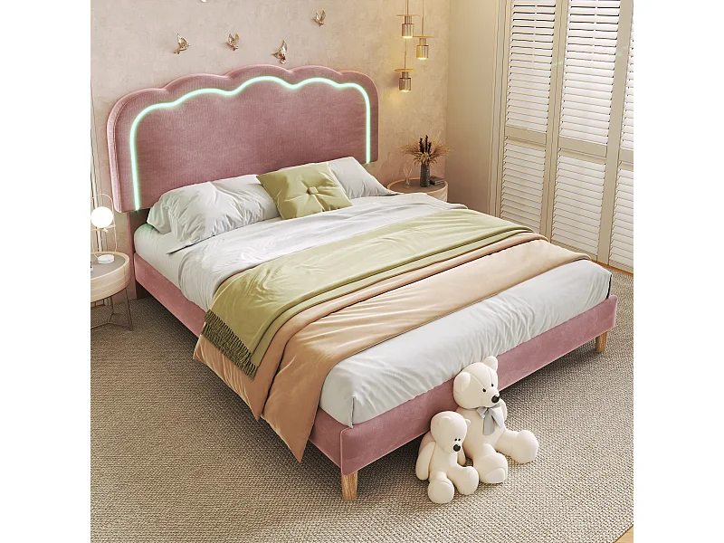 Gestoffeerd bed 140x200cm roze fluweel met LED en verstelbaar hoofdeinde.