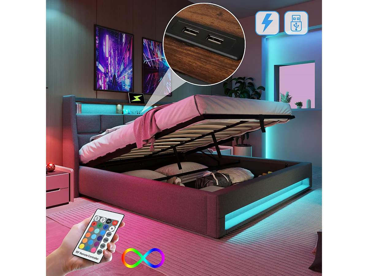 Lit rembourré 160x200cm avec port USB, LED et sommier à lattes en métal.