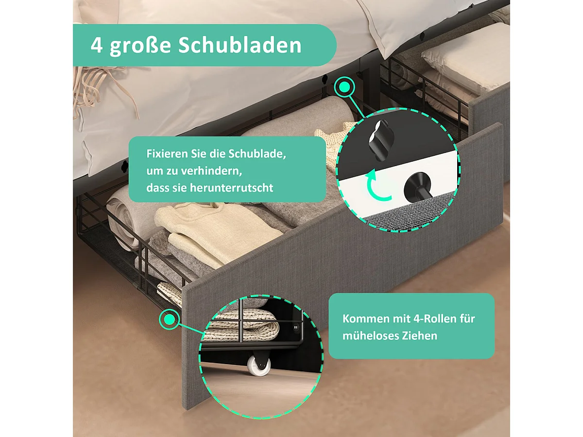 Cama estofada cinza de 140x200cm com USB, LED e 4 gavetas (sem colchão)