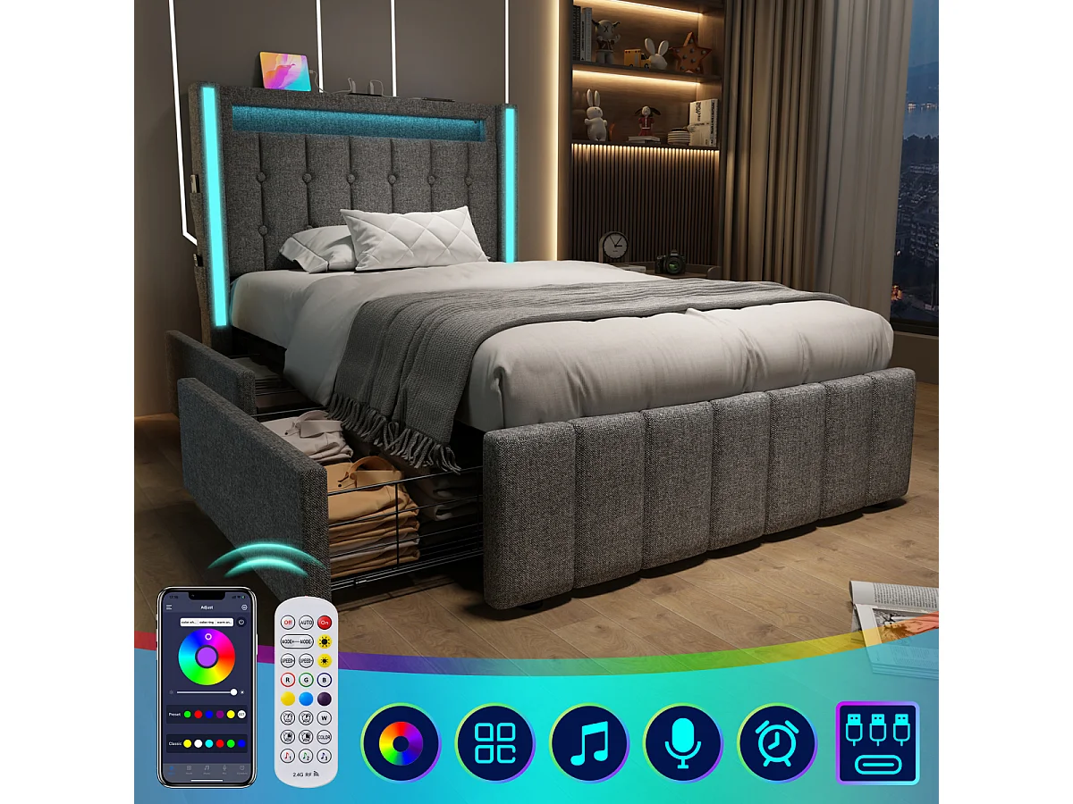 Lit capitonné avec port USB, éclairage LED, 2 tiroirs, 90x200cm, gris (sans matelas)