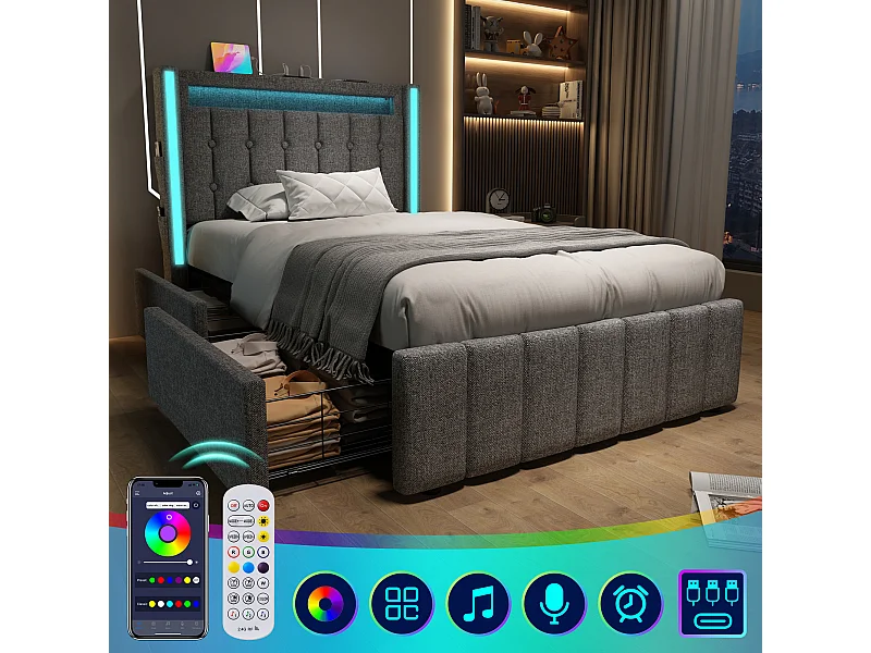 Lit capitonné avec port USB, éclairage LED, 2 tiroirs, 90x200cm, gris (sans matelas)