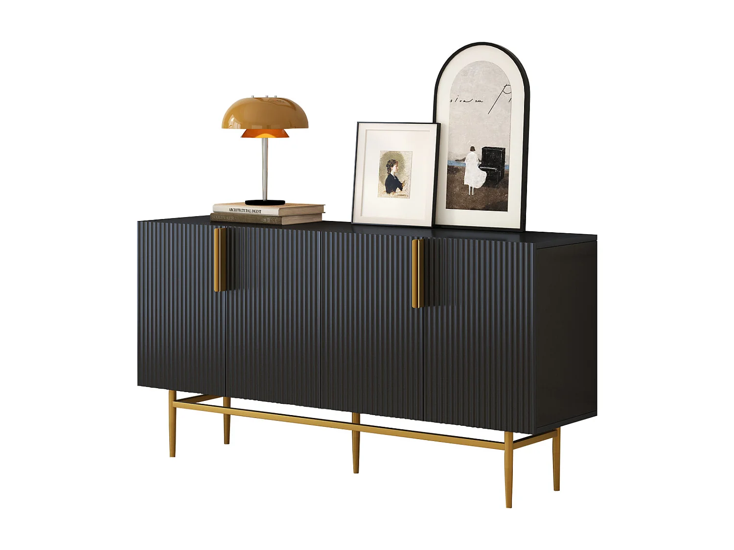 Modern elegant vierdeurs dressoir met gouden handgreep, buffetkast voor eetkamer/woonkamer (zwart)