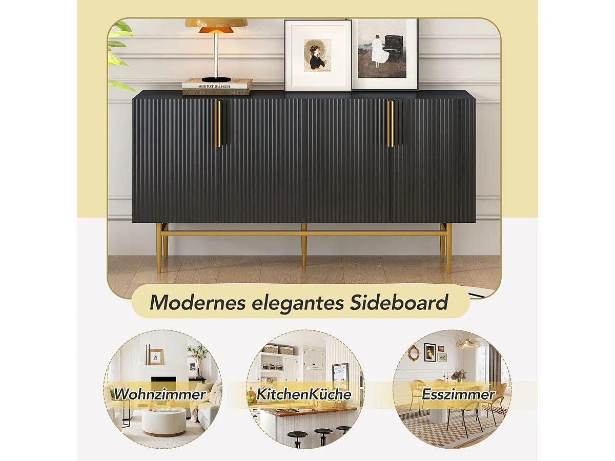 Modern elegant vierdeurs dressoir met gouden handgreep, buffetkast voor eetkamer/woonkamer (zwart)