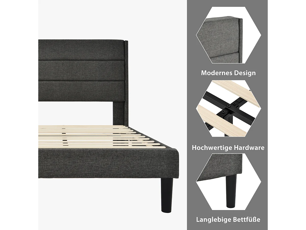 Gestoffeerd bed 90x200cm, grijs linnen, tijdloos modern design, met lattenbodem en hoofdbord.