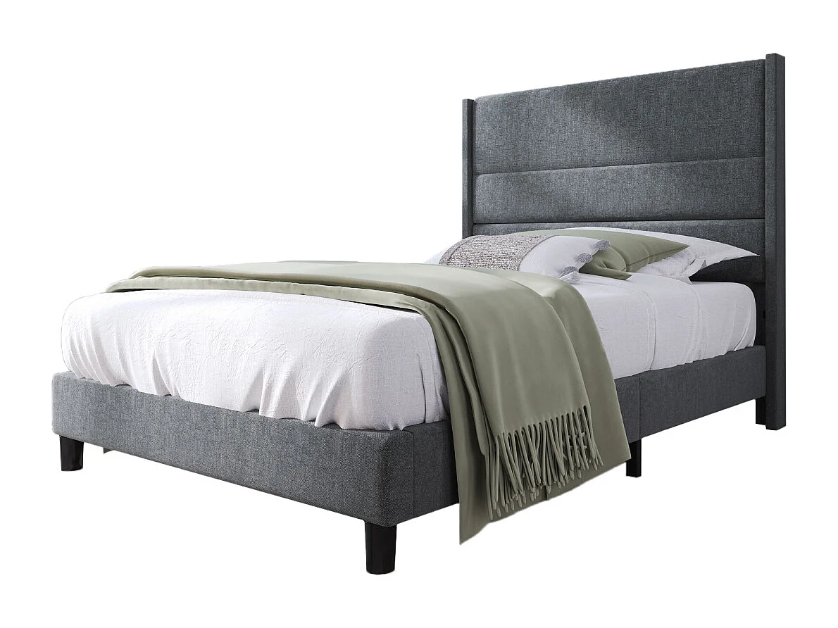Gestoffeerd bed 90x200cm, grijs linnen, tijdloos modern design, met lattenbodem en hoofdbord.