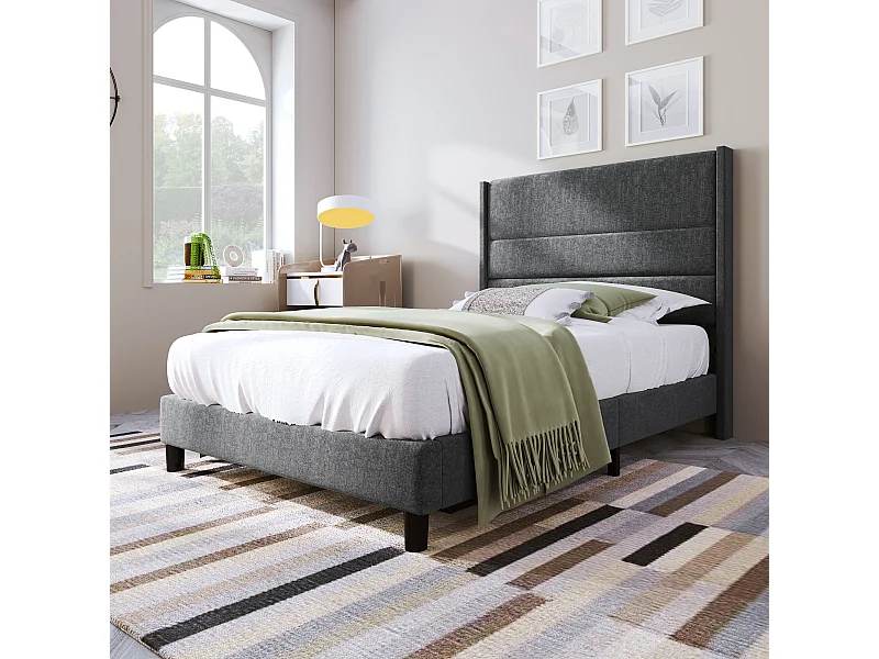 Gestoffeerd bed 90x200cm, grijs linnen, tijdloos modern design, met lattenbodem en hoofdbord.