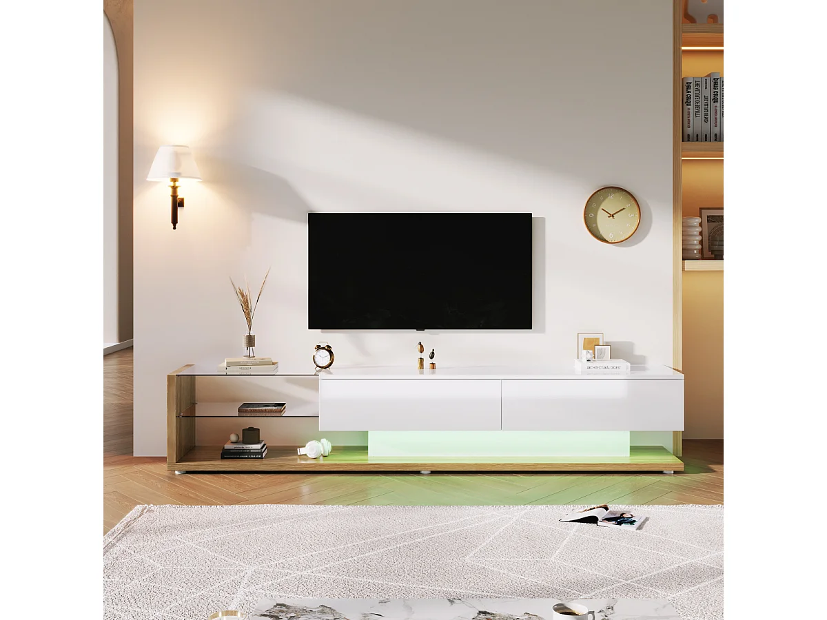 Mobile TV bianco lucido e legno con illuminazione a LED. Combina lo stile rustico con il design moderno.
