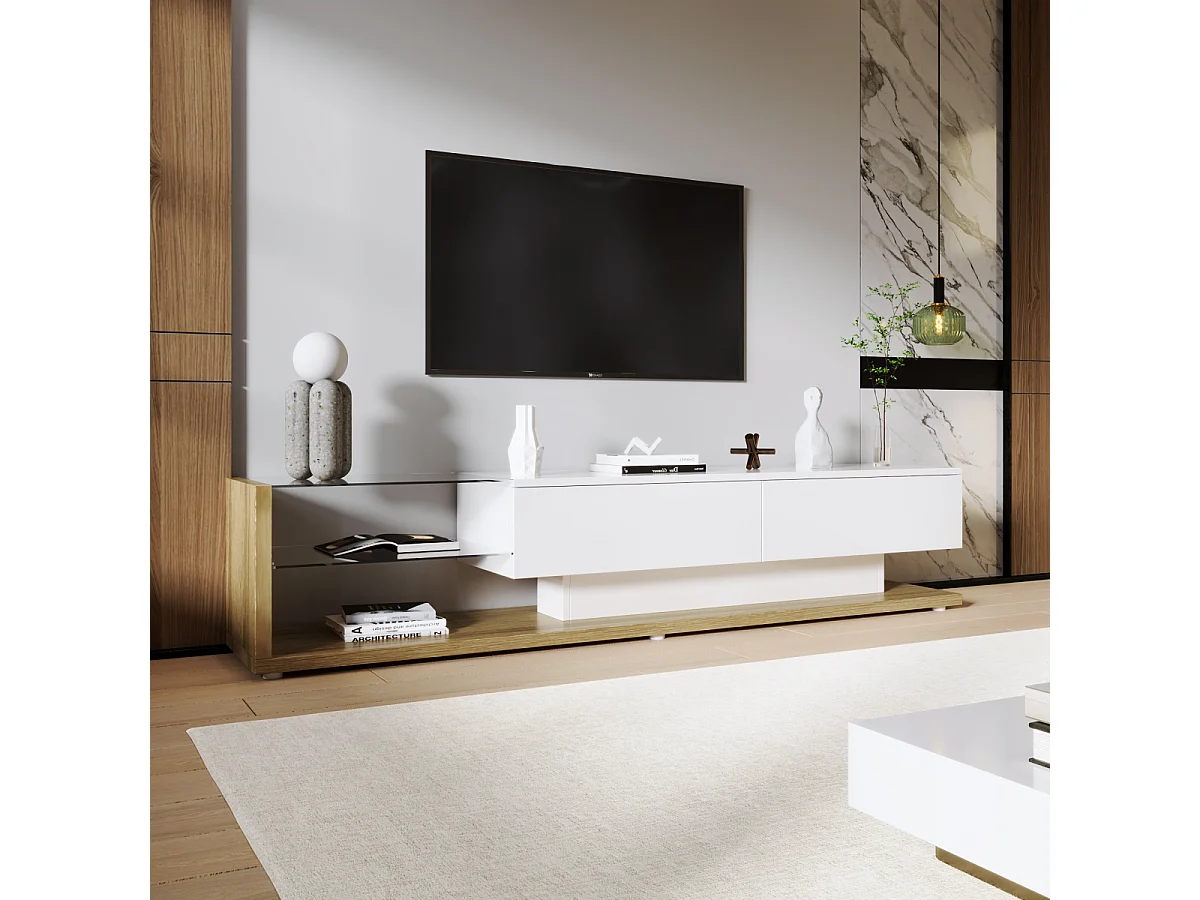 Mobile TV bianco lucido e legno con illuminazione a LED. Combina lo stile rustico con il design moderno.