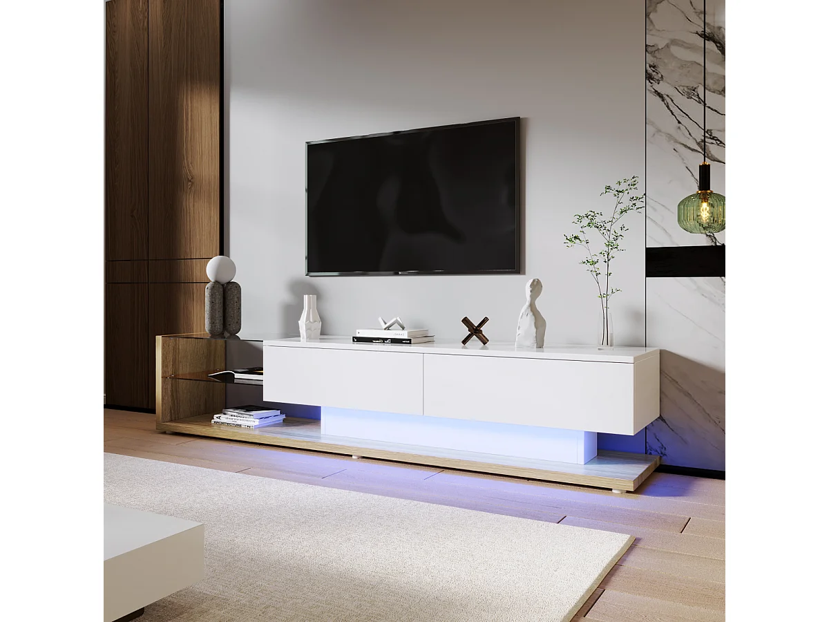 Mobile TV bianco lucido e legno con illuminazione a LED. Combina lo stile rustico con il design moderno.