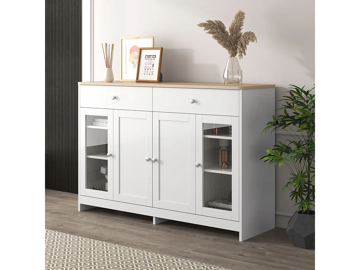 Wit dressoir met houtnerfmotief, 4 deuren, 2 lades en glazen deuren voor woon-/eetkamer.