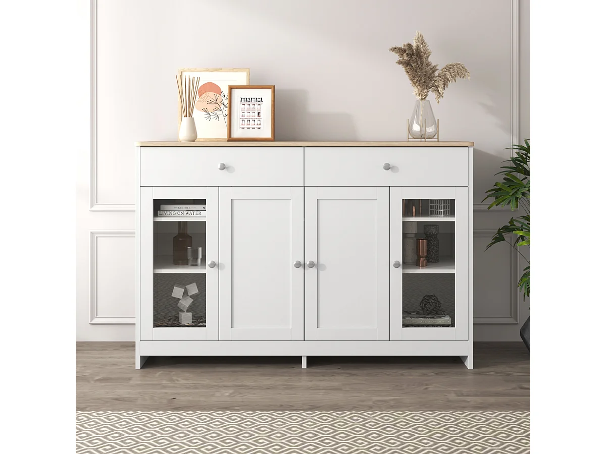 Wit dressoir met houtnerfmotief, 4 deuren, 2 lades en glazen deuren voor woon-/eetkamer.