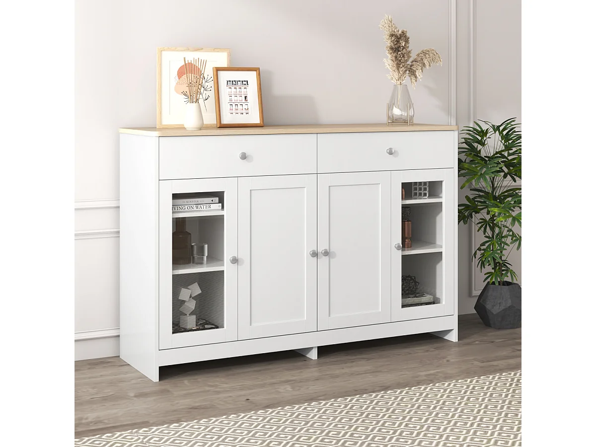 Wit dressoir met houtnerfmotief, 4 deuren, 2 lades en glazen deuren voor woon-/eetkamer.