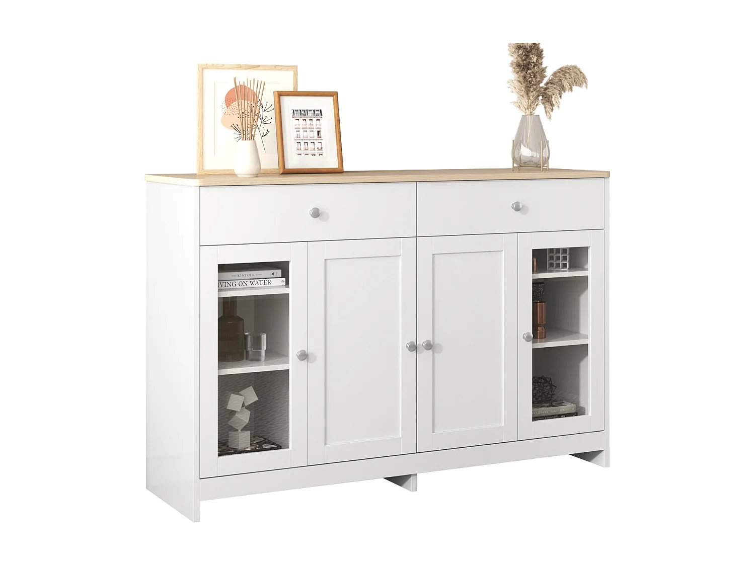 Wit dressoir met houtnerfmotief, 4 deuren, 2 lades en glazen deuren voor woon-/eetkamer.