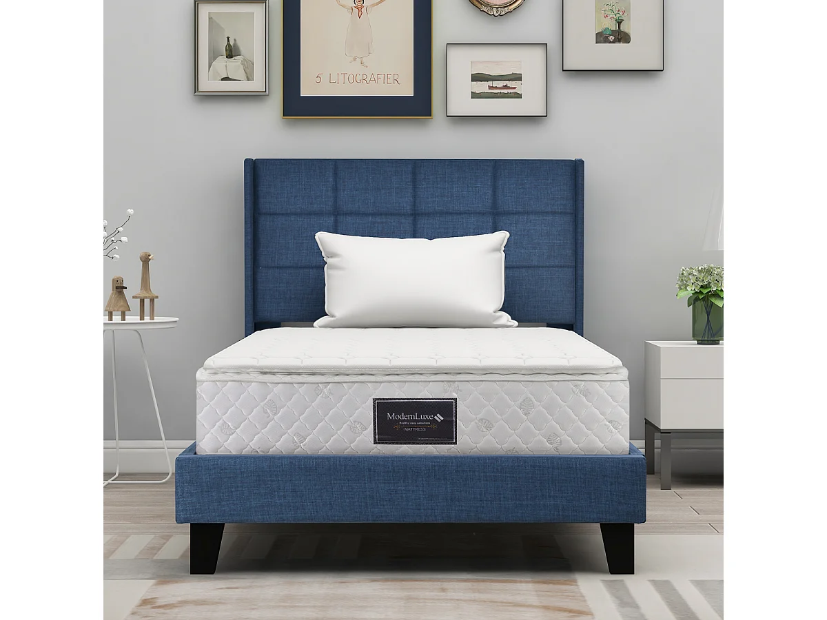 Blauw linnen gestoffeerd eenpersoonsbed met springverenmatras (90x200cm)