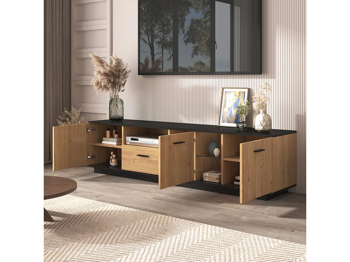 Meuble TV avec tiroir, 3 portes, 2 compartiments ouverts, éclairage LED. Noir/bois naturel.