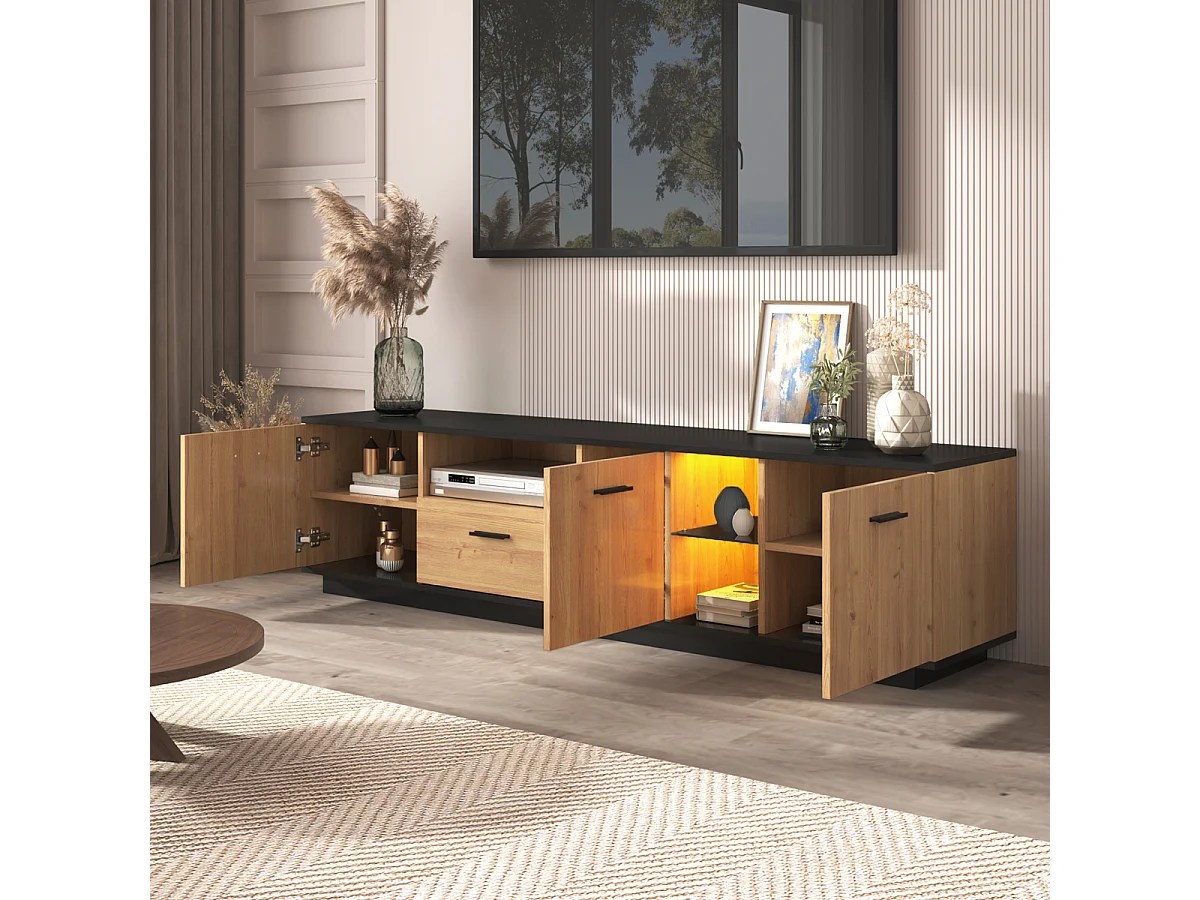 Meuble TV avec tiroir, 3 portes, 2 compartiments ouverts, éclairage LED. Noir/bois naturel.