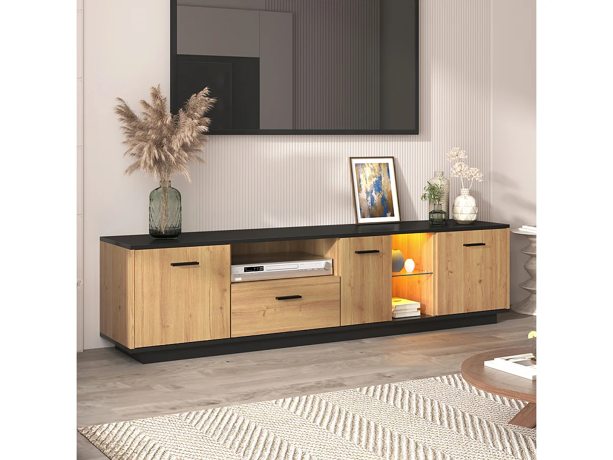 Meuble TV avec tiroir, 3 portes, 2 compartiments ouverts, éclairage LED. Noir/bois naturel.