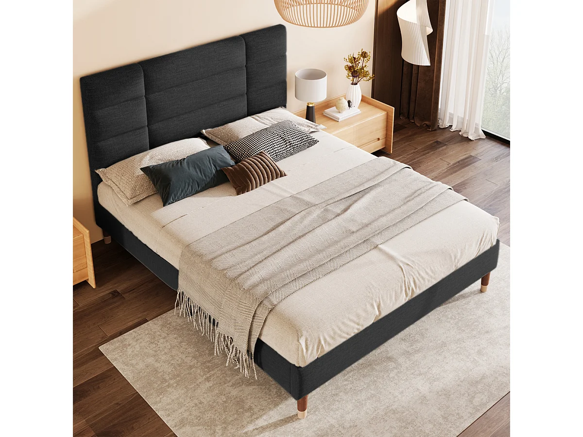 Letto matrimoniale imbottito in lino nero con testiera, rete a doghe 140x200 cm per adulti/ragazzi (materasso non incluso)