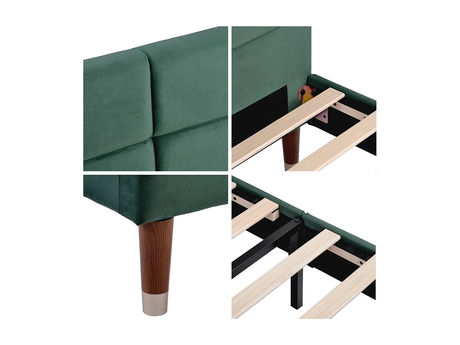 Estrutura de cama de casal estofada (140x200cm) com cabeceira em veludo verde escuro.