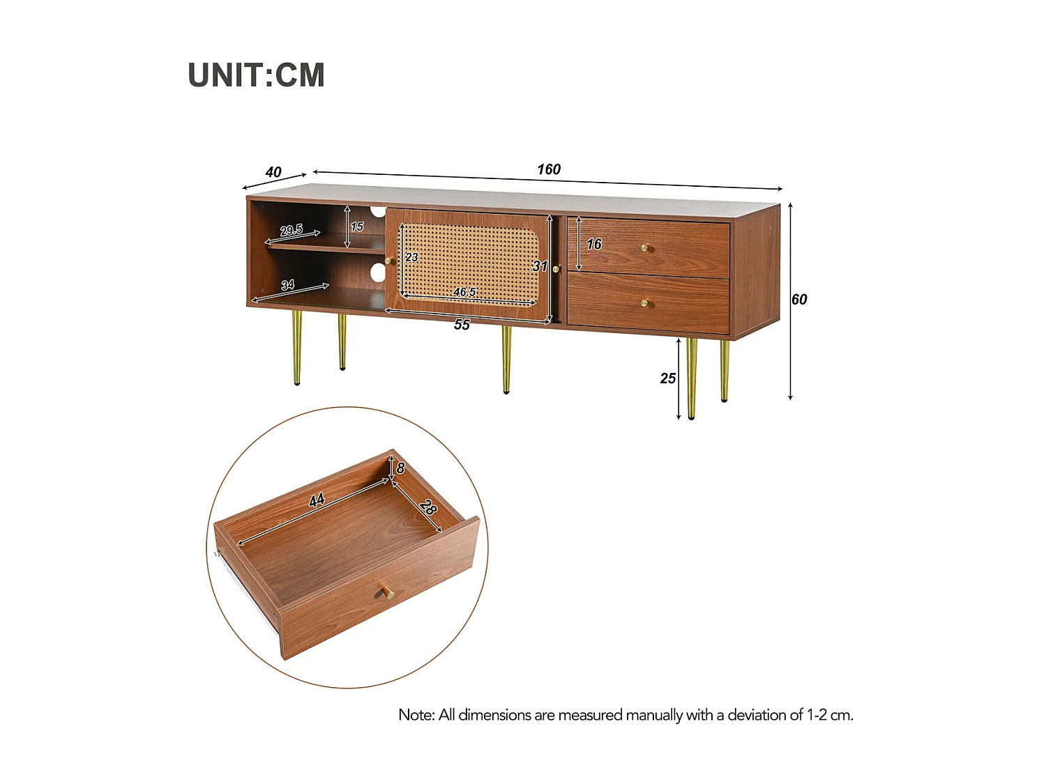 Stijlvolle tv-meubel van walnoothout met rotandeuren en lades - 160x40x60cm