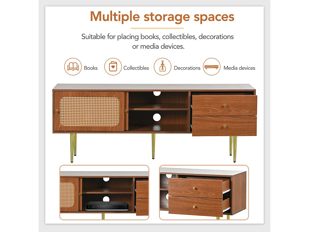 Stijlvolle tv-meubel van walnoothout met rotandeuren en lades - 160x40x60cm